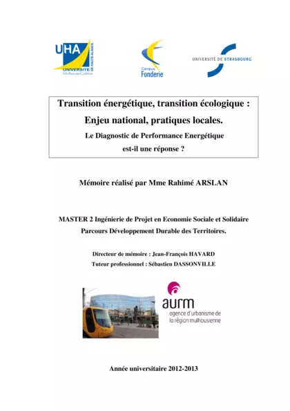 Transition énergétique, transition écologique : Enjeu national, pratiques locales : le Diagnostic de Performance Energétique ou DPE est il une réponse ? (rapport de stage)