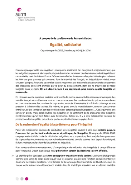 Egalité, solidarité, conférence de François Dubet