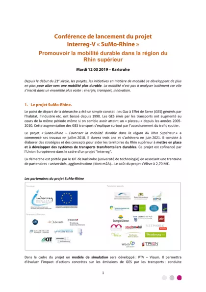 Conférence de lancement du projet Interreg-V "SuMo-Shine" promouvoir la mobilité durable dans la région du Rhin supérieur