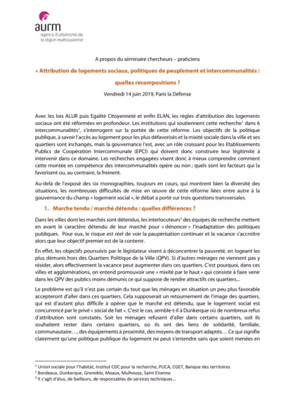 Séminaire chercheurs-praticiens "attributions de logements sociaux, politiques de peuplement et Intercommunalités : quelles recompositions ? 14 juin 2019, Paris la Défense