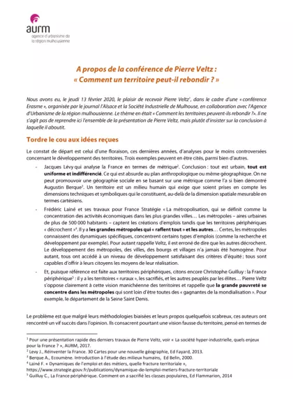 A propos de la conférence de Pierre Veltz : "Comment un territoire peut-il rebondir?"