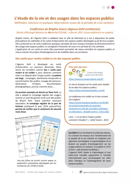 L’étude de la vie et des usages dans les espaces publics : Méthodes, solutions et quelques observations issues de la période de crise sanitaire