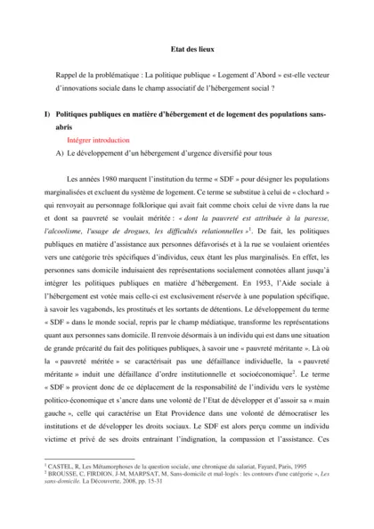 La politique publique « Logement d’Abord » est-elle vecteur  d’innovations sociale dans le champ associatif de l’hébergement social ? (rapport de stage)