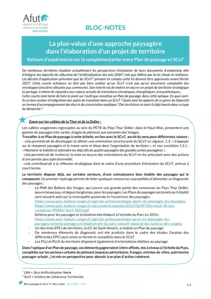 La plus-value d'une approche paysagère dans l'élaboration d'un projet de territoire : retours d'expériences sur la complémentarité entre Plan de paysage et Scot